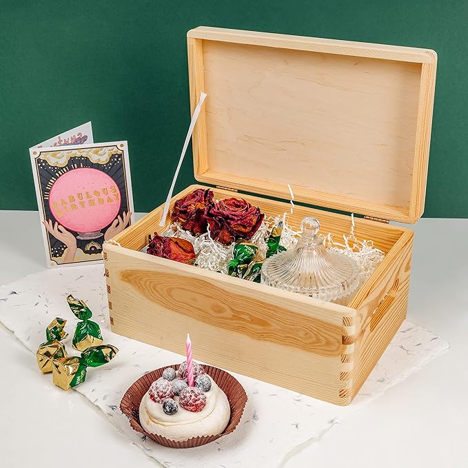 Creative Deco Personalized Wooden Storage Box Birthday Cake | 11.8x7.87x5.51in (+-0.5) | Multiple Choice | Hinged Lid Handles & Engraving | Birthday Gift Box | Rough UNSANDED Keepsake Memory Souvenir