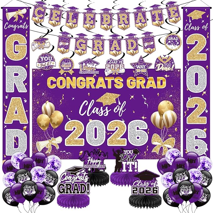 Purple 2026 Graduation Party Decor Kit-Includes Backdrop, Banner, Balloons, Hanging Ornaments & Honeycomb Decorations for Class of 2026 -Full Set for High School and University Graduation Events