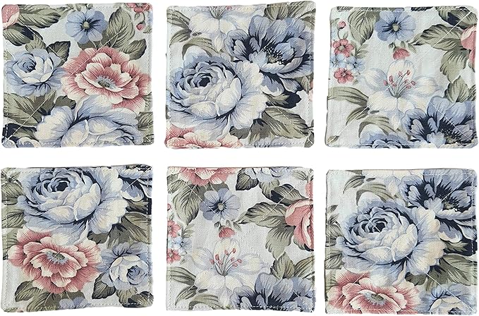 CUSHYSTORE 2 Layers Coasters Saucers Canvas Floral Botanical Fabric 4", 6 Pack - Blue Rose Garden