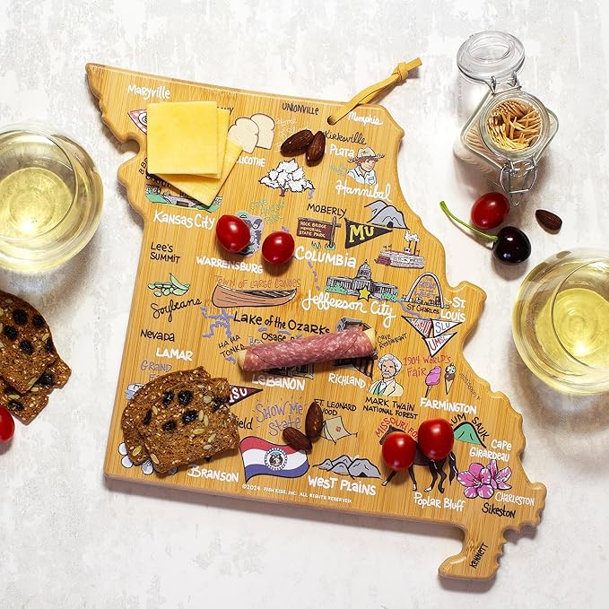 Totally Bamboo Missouri State Shaped Cutting Board and Charcuterie Serving Platter with Artwork by Fish Kiss, Includes Hang Tie for Wall Display