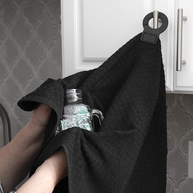 Ritz Premium Hook and Hang Towel, (2-Pack), 18" x 28", Long-Lasting Durable Rubber Hook, Highly Absorbent Super Soft Hand Cloths for Kitchen, Bathroom, Laundry Room, Black