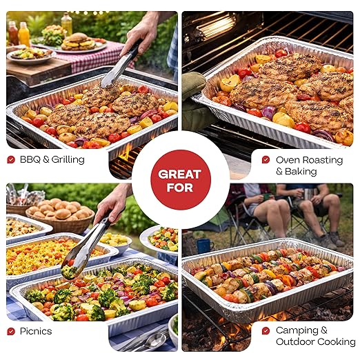 IDL Packaging Half-Size Aluminum Steam Table Pans - Deep, 13" x 11" x 3" (Pack of 25) - Disposable Foil Pan for Grilling, Roasting, BBQ, Cooking, Baking, Freezing