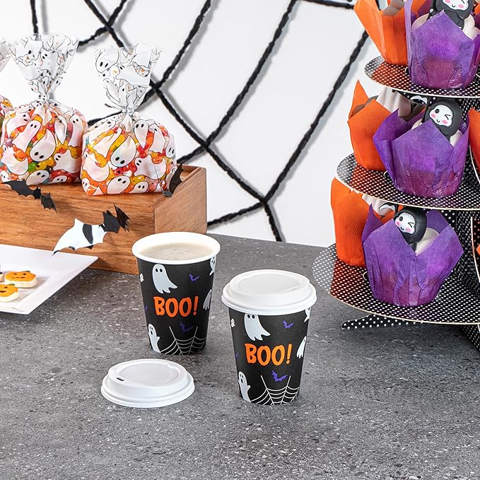 Restaurantware-Restpresso 12 Ounce Halloween Party Cups, 20 Disposable Hot Cups With Plastic Lids - Spooky Ghost Design, Rolled Rim, Black Paper Coffee Cups, Single Wall, Serve Hot And Cold Drinks