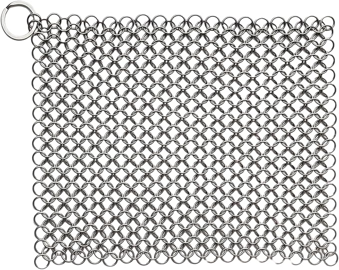 8"x6" Cast Iron Scrubber Stainless Steel Chainmail Cleaner for Pre-Seasoned Pans, Griddles, BBQ Grill and Pot Cookware Cleaning