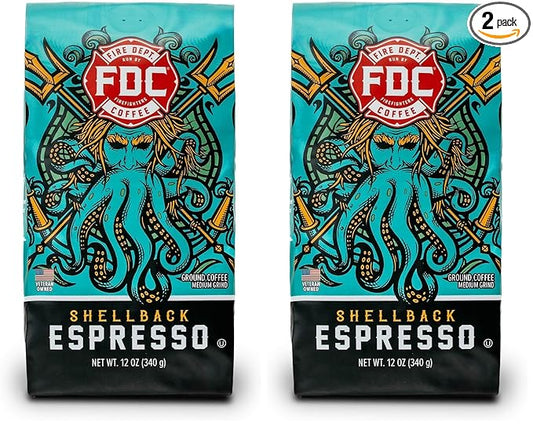Fire Department Coffee - Gives Back to Firefighters - Shellback Espresso Ground Coffee - Bold & Smooth - Roasted in the USA - Dark Roast Espresso - Veteran Owned (12 oz, Pack of 2)