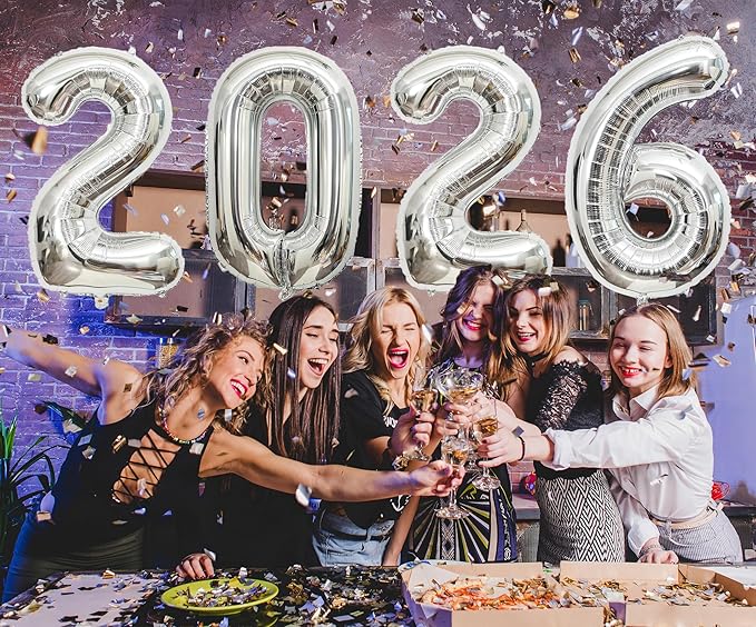 Giant Silver 2026 Balloons, 40" Large Number 2026 Balloons Helium Mylar Foil Balloons for 2026 New Year Graduation Party Decoration