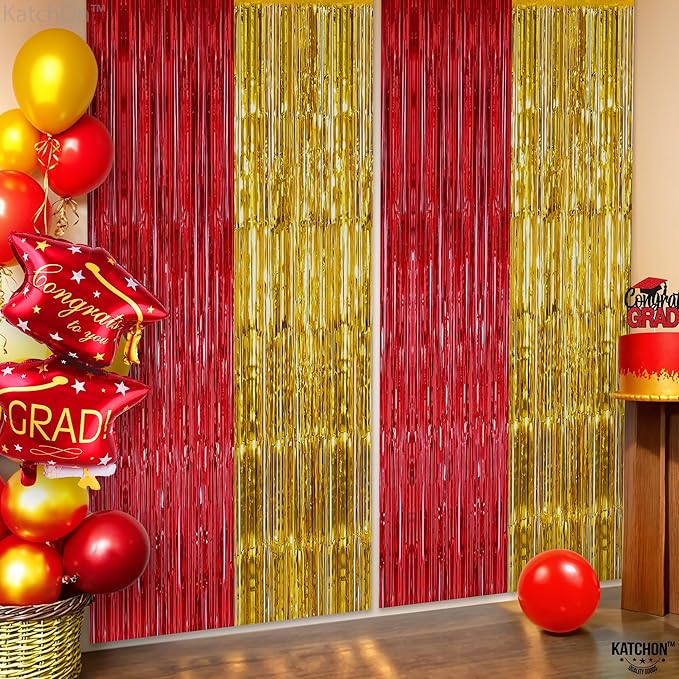 KatchOn, Gold and Red Fringe Backdrop - Xtralarge, Pack of 2 | Foil Fringe Curtain for Nurse Graduation Party Decorations | Prom Decorations 2026 | Red and Gold Graduation Decorations 2026