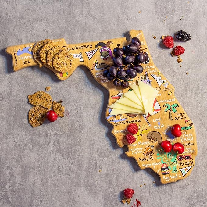 Totally Bamboo Florida State Shaped Cutting Board and Charcuterie Serving Platter with Artwork by Fish Kiss, Includes Hang Tie for Wall Display
