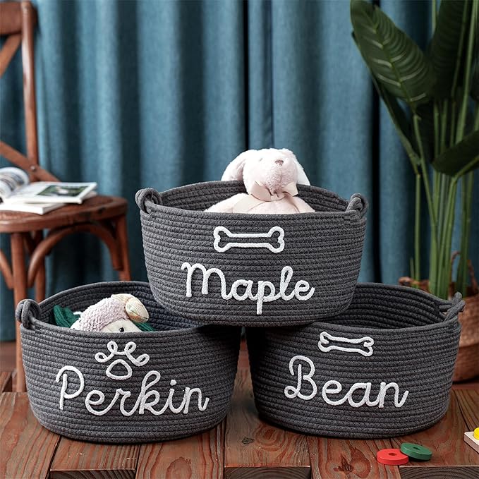 Personalized Dog Toy Basket with Pet Name, Puppy Toy Storage Organizer Custom Cotton Rope Basket Gift for Pet Dog or Cat (Pet Basket)
