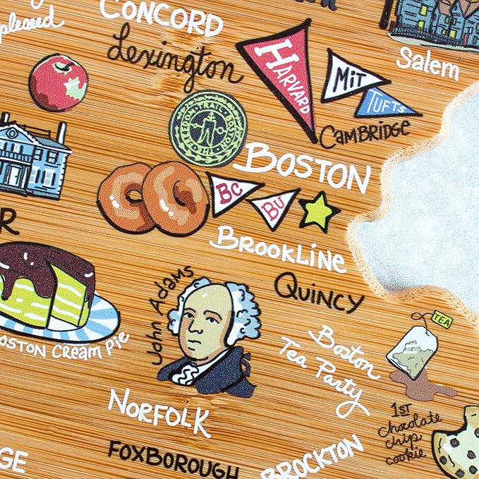 Totally Bamboo Massachusetts State Shaped Cutting Board and Charcuterie Serving Platter with Artwork by Fish Kiss, Includes Hang Tie for Wall Display