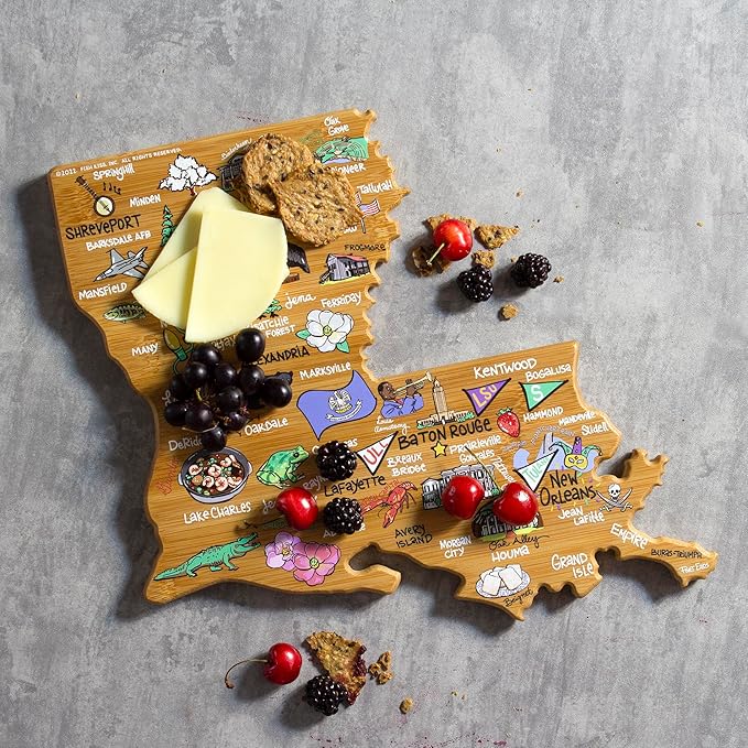 Totally Bamboo Louisiana State Shaped Cutting Board and Charcuterie Serving Platter with Artwork by Fish Kiss, Includes Hang Tie for Wall Display