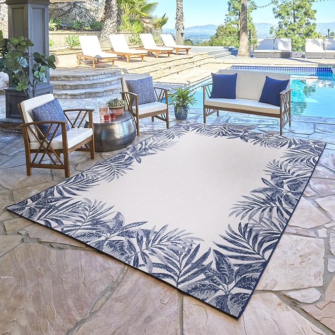Gertmenian Indoor/Outdoor Flatweave Area Rug - 8x10 Large, Stain & UV Resistant, Ideal For Deck, Patio, Poolside, Mudroom - Palm Tree Border, Navy Blue, 22939