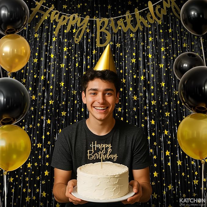 KatchOn, XtraLarge Black Streamers, Pack of 2 | Star Fringe Backdrop for Black Birthday Decorations | Tinsel Backdrop for New Years Decorations 2026 | NYE 2026, New Years Eve Party Supplies 2026