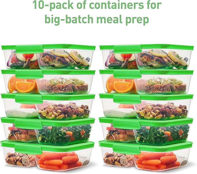 Sistema Nest It Meal Prep Food Storage Containers with Lids, 10-Pack of 3.7-Cup Containers with 2 Divided Compartments, Airtight & Leak-Resistant, Dishwasher, Microwave, & Freezer-Safe, BPA-Free