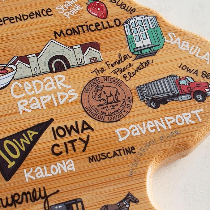 Totally Bamboo Iowa State Shaped Cutting Board and Charcuterie Serving Platter with Artwork by Fish Kiss, Includes Hang Tie for Wall Display