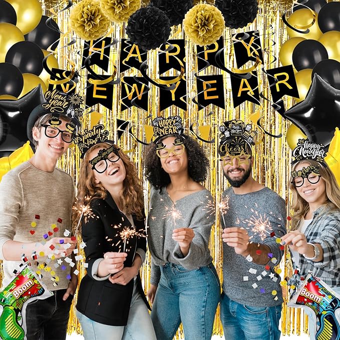 Realspring 106pcs Happy New Year Party Supplies Plastic New Year's Eve Glasses Headbands Blowouts Inflatable Fireworks Gun Balloons Foil Backdrop Hanging Swirls for 2026 Party Decor Photo Prop