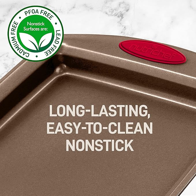 NutriChef 2-Piece Baking Pan Set - Premium Non-Stick Coating Carbon Steel Bakeware w/ Silicone Handles - PFOA, PFOS, PTFE Free Kitchen Oven Bake Tray, Cookie Sheets - Bronze, 17.3"x11.4"x1.2"