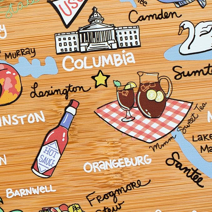 Totally Bamboo South Carolina State Shaped Cutting Board and Charcuterie Serving Platter with Artwork by Fish Kiss, Includes Hang Tie for Wall Display