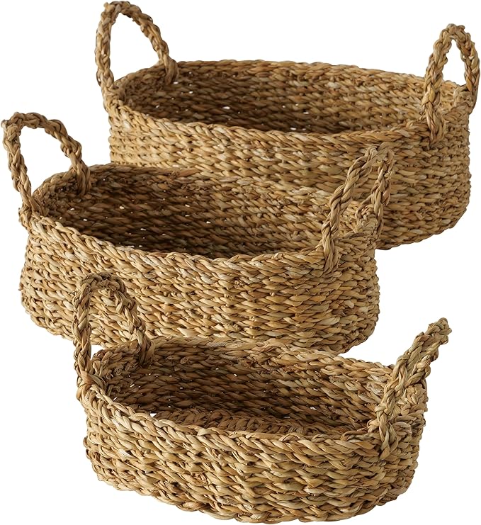 WHW Whole House Worlds Seagrass Baskets, Set of 3, Thick Chunky Sweater Weave, Decorative Vanity Organizers, Closet Storage Bins, Oval, 13.75, 11.75, and 9.5 Inches