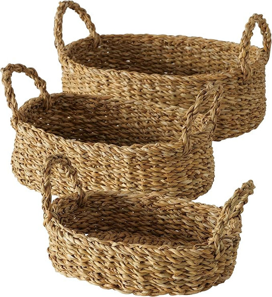 WHW Whole House Worlds Seagrass Baskets, Set of 3, Thick Chunky Sweater Weave, Decorative Vanity Organizers, Closet Storage Bins, Oval, 13.75, 11.75, and 9.5 Inches