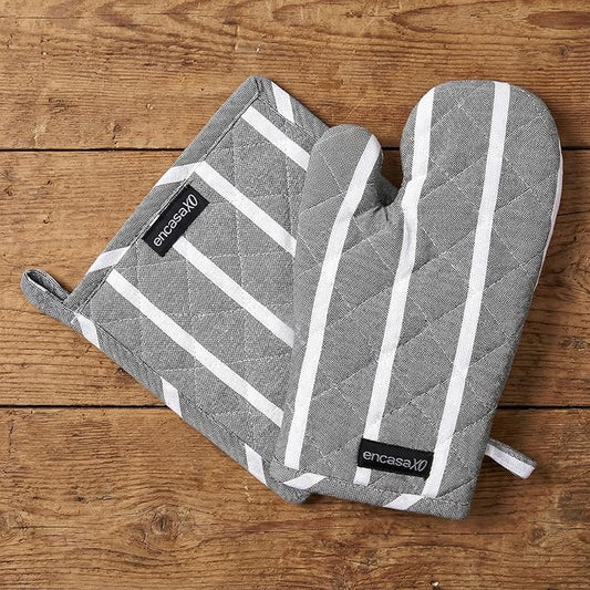 Encasa XO Heat Resistant 100% Cotton Oven Glove & Potholder Set with Loop, Kitchen Cooking Mittens, Microwave Safe Hot Pads (Roma Grey Stripes)