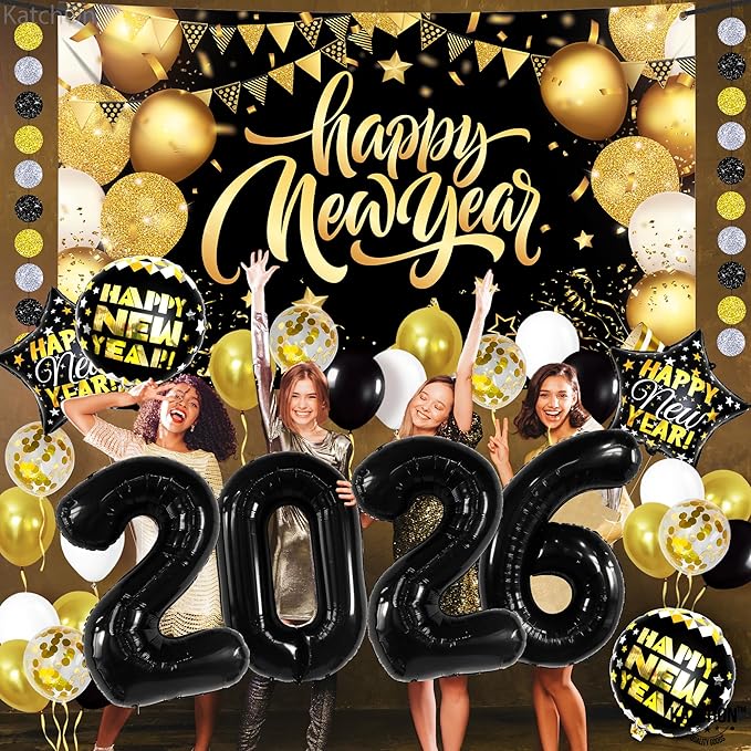 KatchOn, New Years Eve Party Supplies 2026 Set - Pack of 42 | Black and Gold New Year Banner | New Year Foil Balloons | New Years Eve Balloon Arch Kit | Nye Decorations 2026 | New Years Eve Party Kit