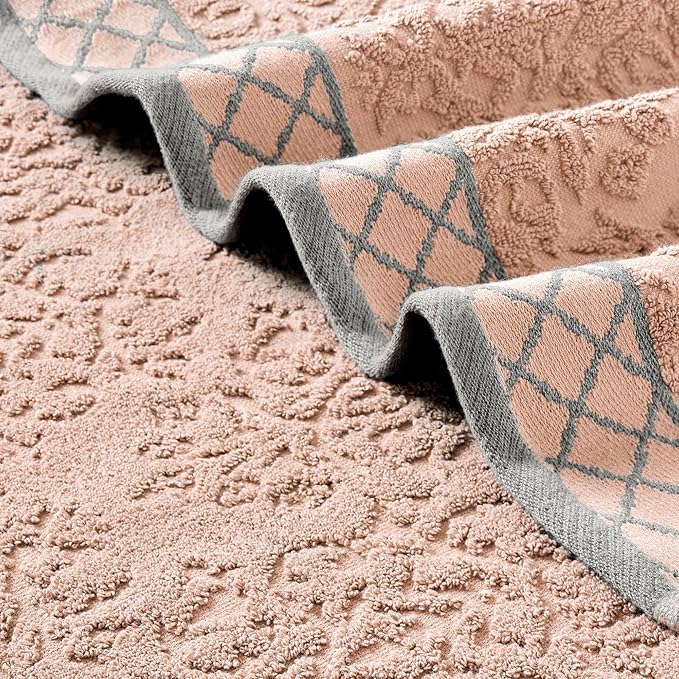 Modern Threads 6 Piece Cotton Bath Towel Set – Ultra Soft 550 GSM Towels – Bathroom Set with Hand Towels and Washcloths – Diamond Border (Blush)