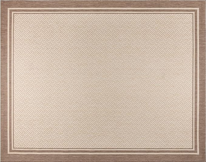 Gertmenian Indoor/Outdoor Flatweave Area Rug - 8x10 Large, Stain & UV Resistant, Ideal for Deck, Patio, Poolside, Mudroom - Simple Border Brown Tan, 22911