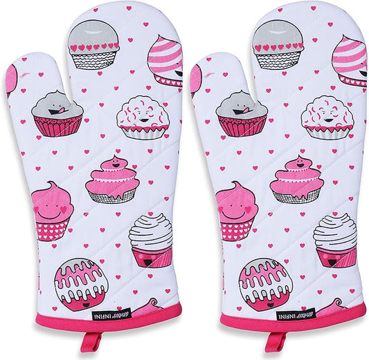 AMOUR INFINI Oven Mitts Set of 1 Quilted Liner with Hanging Loop Non Slip, Heat Resistant, Washable Reusable Oven Mitt (Valentine Cup Cake 7x13 Inches)