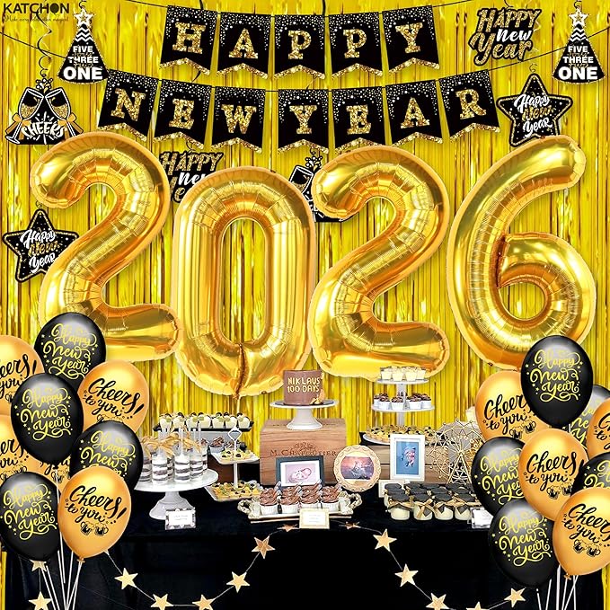 KatchOn, Huge New years Decorations 2026 Set - Pack of 35 | Gold Fringe, Black and Gold Happy New Year Banner, 2026 Balloon Numbers | New Year Foil Balloons, Swirls | New Years Eve Party Supplies 2026