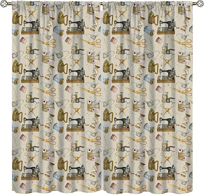 Sewing Theme Curtain,Sewing Machine Pattern for Girls Teens Women Adult Window Treatment Curtains for Bedroom Cafe Dining Room Office Living Room Kitchen Drapes, 42x63 in