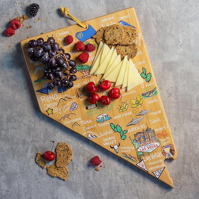 Totally Bamboo Nevada State Shaped Cutting Board and Charcuterie Serving Platter with Artwork by Fish Kiss, Includes Hang Tie for Wall Display