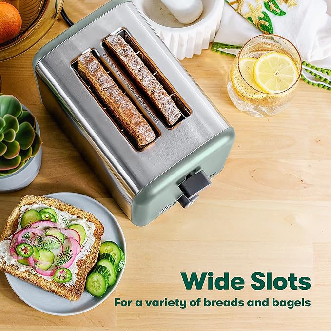 BELLA 2 Slice Toaster, Quick & Even Results Every Time, Wide Slots Fit Any Size Bread Like Bagels or Texas Toast, Drop-Down Crumb Tray for Easy Clean Up, Stainless Steel and Sage