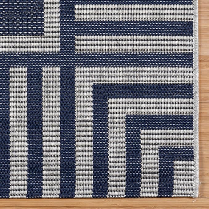 Gertmenian Indoor/Outdoor Flatweave Area Rug - 9x13 Extra Large, Stain & UV Resistant, Quick-Drying, Ideal for Deck, Patio, Poolside, Mudroom - Klano Striped Navy, Gray, 28011