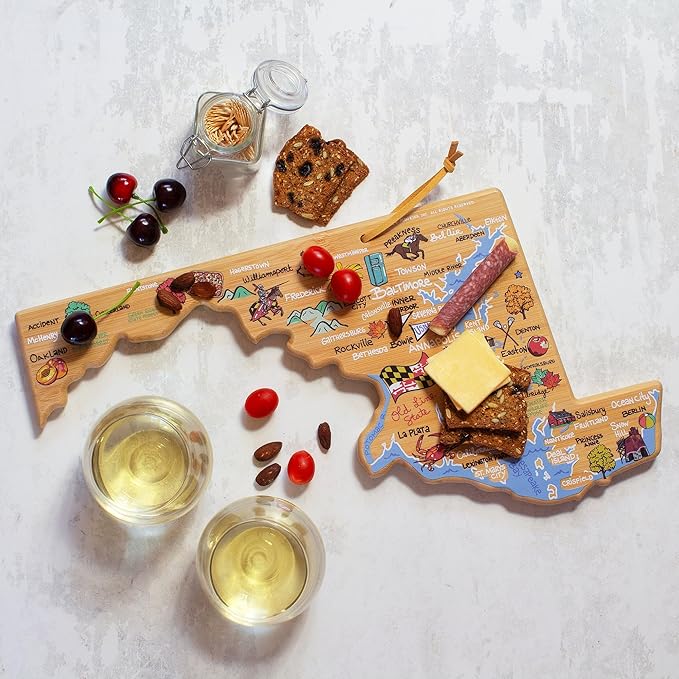 Totally Bamboo Maryland State Shaped Cutting Board and Charcuterie Serving Platter with Artwork by Fish Kiss, Includes Hang Tie for Wall Display