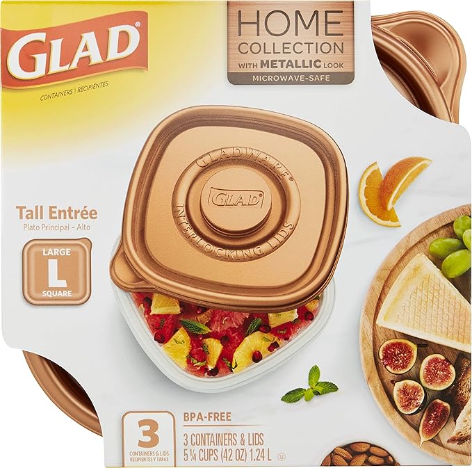 Glad GladWare Home Collection Tall Entree Food Storage Containers with Copper Metallic Lids, Large Square No BPA Plastic for Meal Prep and Lunches, Lock Tight Seal, 42 Oz, 3 Count - 6 Pack