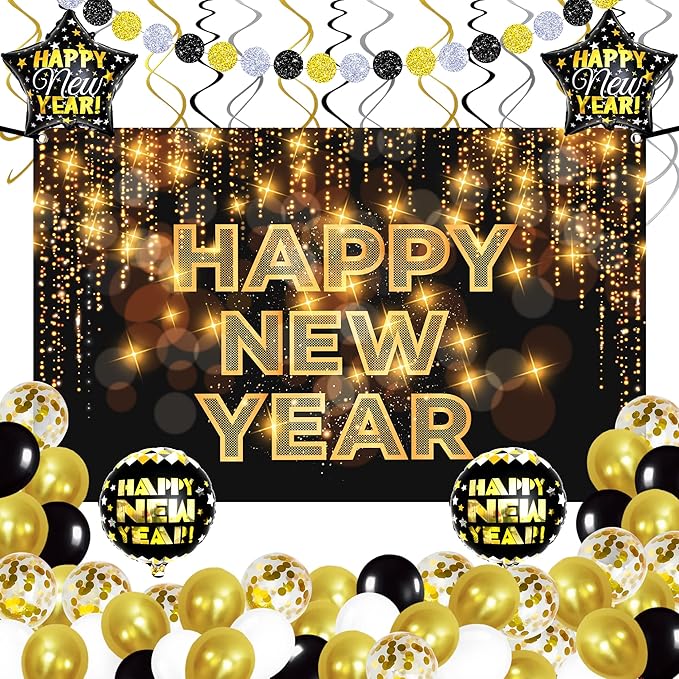 KatchOn, Black and Gold New Years Decorations 2026 - Huge Pack of 50 | New Year Banner and New Year Balloons for New Years Eve Party Supplies 2026