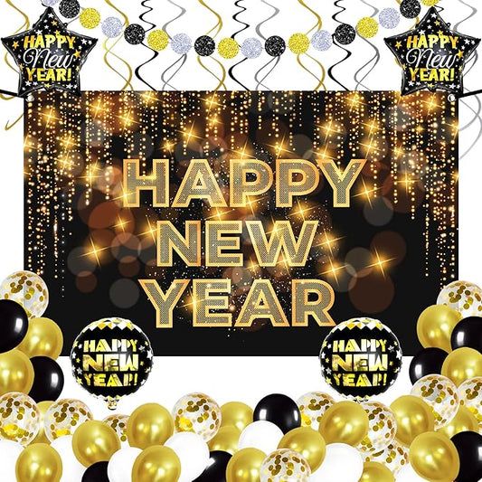 KatchOn, Black and Gold New Years Decorations 2026 - Huge Pack of 50 | New Year Banner and New Year Balloons for New Years Eve Party Supplies 2026