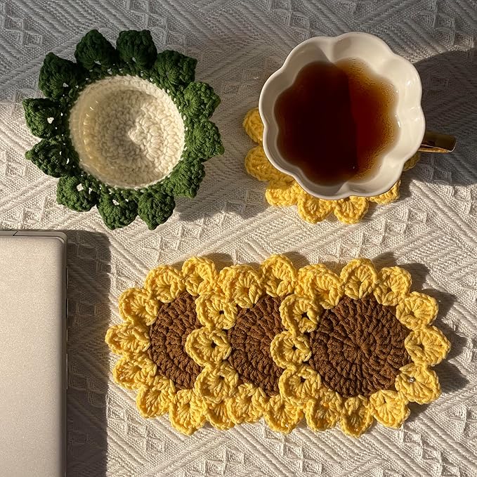 DICHA Sunflower Crochet Coasters with Plant Pot-Container Beverage Coaster Sets with Holder Bar Coasters for Drinks Coffee Table Desk-Succulent Plant Pot Coaster-Set of 5