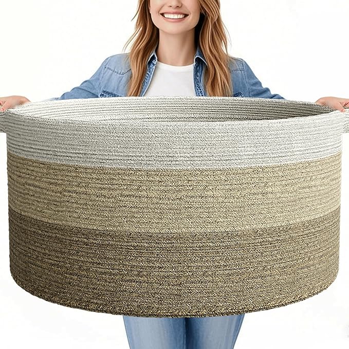 125L Extra Large Blanket Basket, 25" x 16", Jumbo Laundry Woven Basket Decorative Home, Cotton Rope Basket with Handles, Baby Toy Basket for Storage, Gradual Brown, 2PC