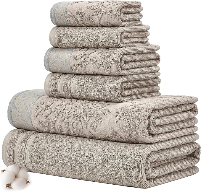 Modern Threads 6 Piece Cotton Bath Towel Set – Ultra Soft 550 GSM Towels – Bathroom Set with Hand Towels and Washcloths – Diamond Border (Silver Cloud)