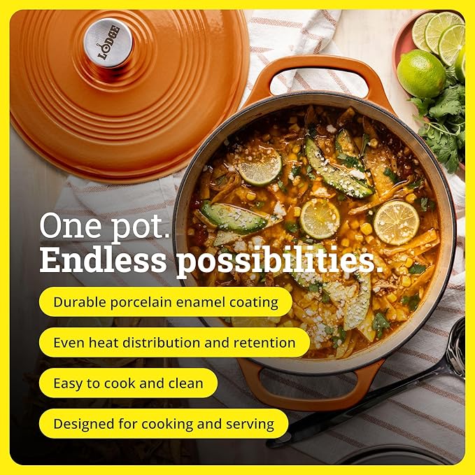 Lodge Essential Enamel Cast Iron Dutch Oven - Perfect for Bread Baking, Braising, Marinating & Slow Cooking - Features Moisture-Sealing Lid & Dual Handles - Kitchen Essentials - 6 Quarts - Apricot