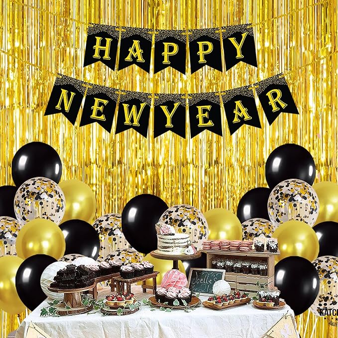 KatchOn, New Years Eve Party Supplies 2026 - Huge, Pack of 29 | Happy New Year Banner, Gold Fringe Backdrop Curtain, New Year Balloons Latex for New Years Decorations 2026 | Nye Decorations 2026