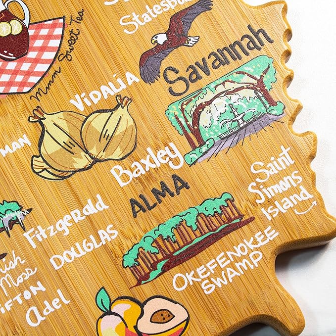 Totally Bamboo Georgia State Shaped Cutting Board and Charcuterie Serving Platter with Artwork by Fish Kiss, Includes Hang Tie for Wall Display