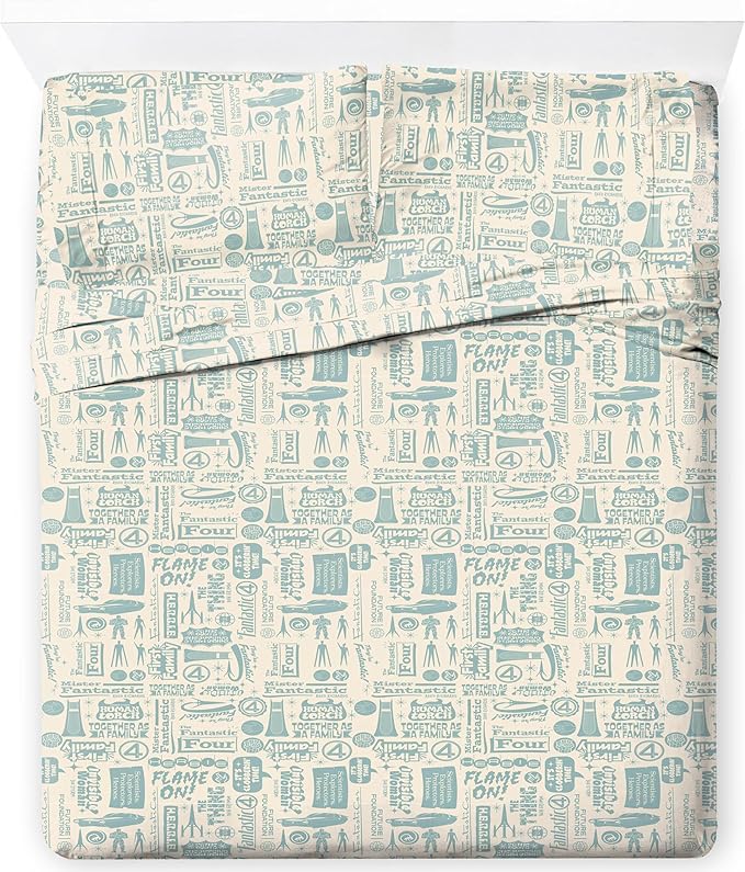 Jay Franco Sheet Set with Fitted, Flat Sheets & Pillow Cover - Ultra-Soft Bedding with Pillowcase for Room Decor, Beige - Fantastic Four, 4 Piece Queen