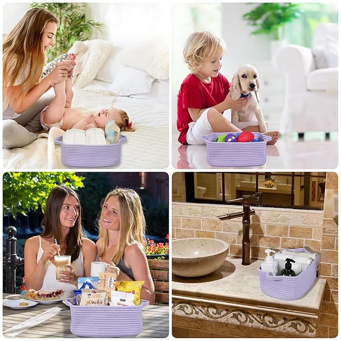 XUANGUO Woven Cotton Rope Storage Basket with Handles for Organizing Shelves Closet Small Cat Dog Pet Toy Baskets Box Bin Decorative Rectangle Baby Nursery basket Gift basket Empty(light purple)