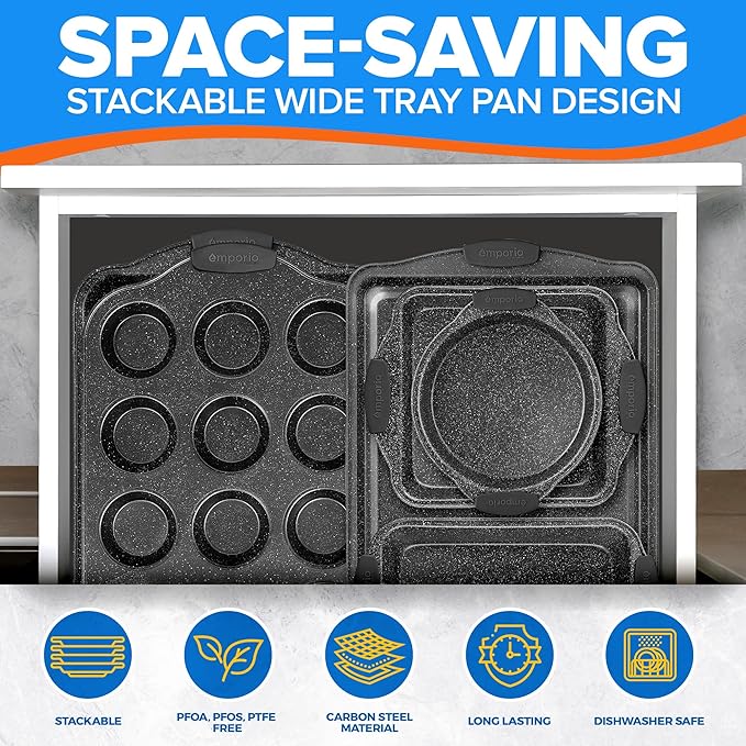 Emporio Kitchen Baking Pan Set - Nonstick Coating, Carbon Steel Bakeware Sets with Gray Silicone Handles, PFOA, PFOS, PTFE Free, Recipe Booklet Included, Oven Safe Tray (Up To 450° F), Set of 8 - Gray