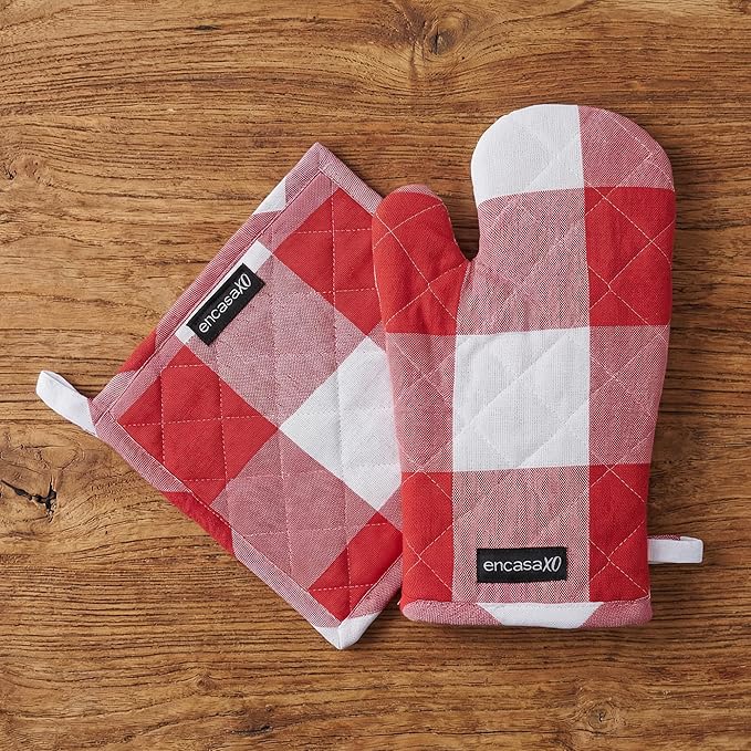 Encasa XO Heat Resistant 100% Cotton Oven Glove & Potholder Set with Loop, Kitchen Cooking Mittens, Microwave Safe Hot Pads (Buffalo Red Checks)