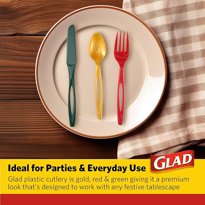 Glad Disposable Plastic Cutlery, Assorted Holiday Set, Red, Green, Gold | Heavy Duty forks, Knives, And Spoons | Disposable Party Utensils | Set of Durable and Sturdy Cutlery - 105 Count - 8 Pack