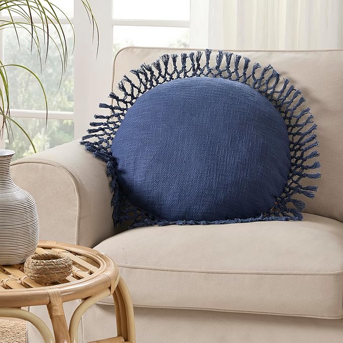 Indigo Ink Round Navy Blue Decorative Throw Pillow with Tassels - 20" x 20" | Cotton Throw Cushion for Couch, Chair, Bed | Cute Home Decor | Soft Plush Filling | Tufted Medallion Collection